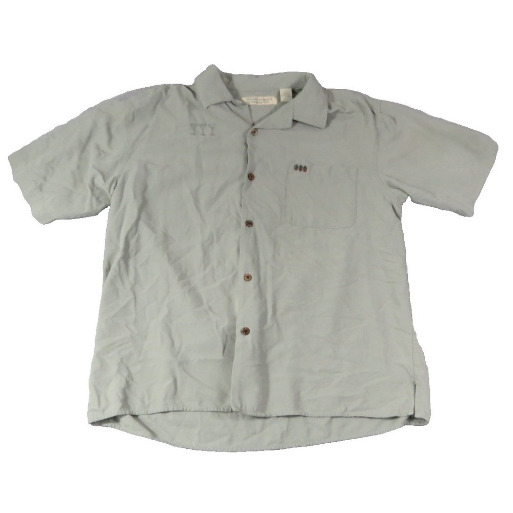 Island Republic Martini Glass Camp Shirt 100% Silk Men L Sage Green Short Sleeve